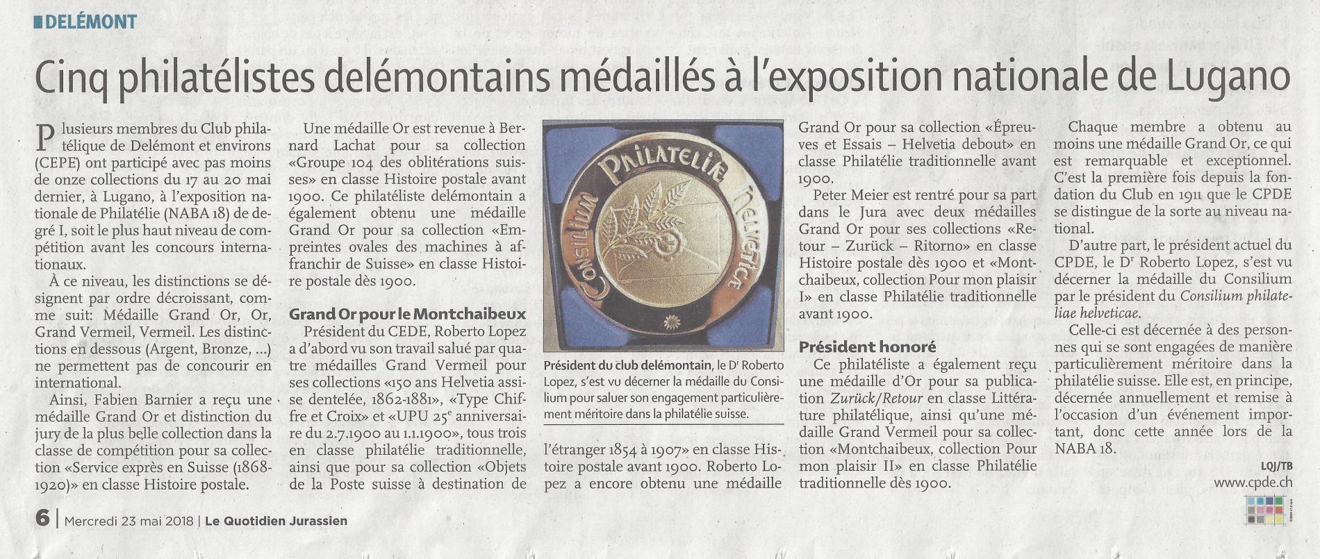 Cinq philatélistes delémontains médaillés à l'exposition nationale de LUGANO